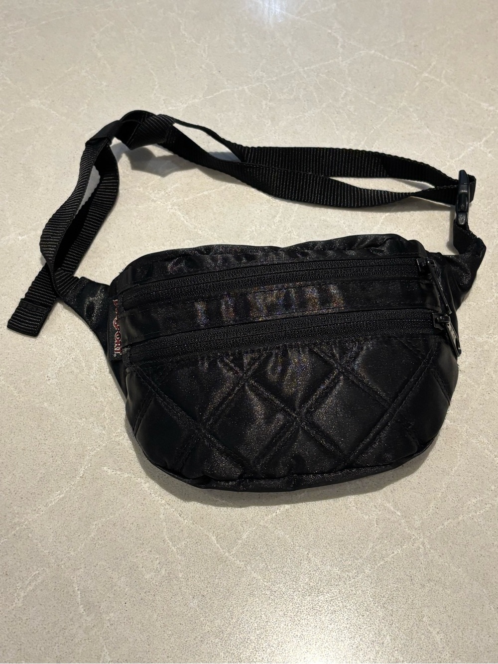 JanSport Quilted Black Satin Hippyland Fanny Pack Crossbody Belt Bag